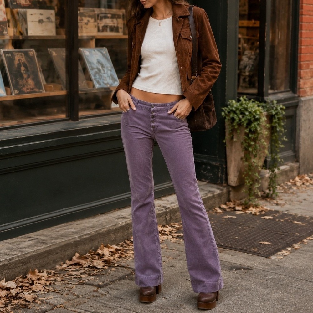 Vintage Y2K Abercrombie & Fitch Purple Corduroy Low Rise Flare Pants 0 70s Style